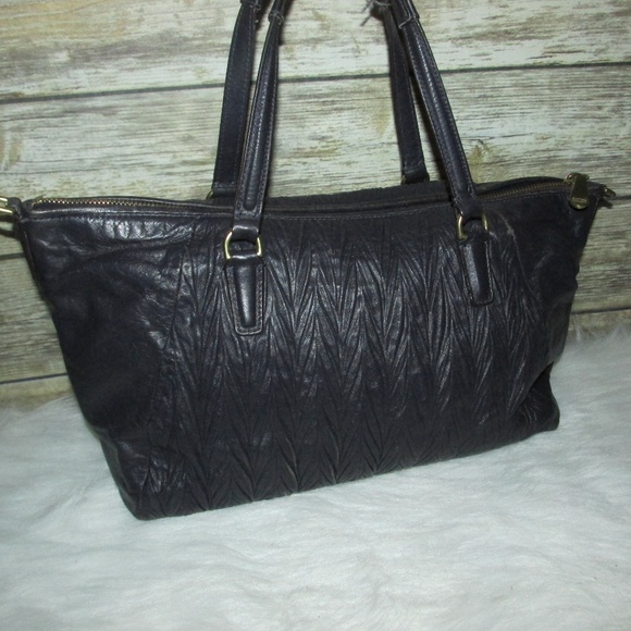 Coach Navy Blue Gathered Leather Satchel Tote - Picture 4 of 8